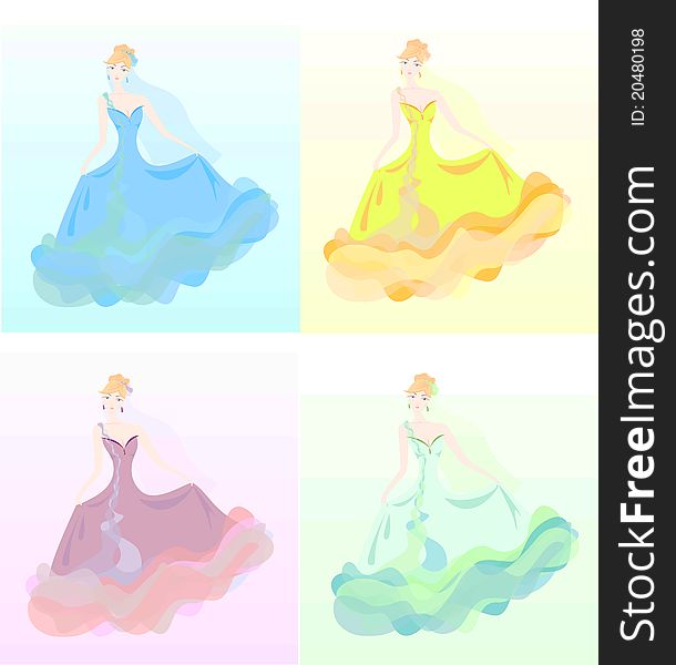 Set of four young women in beautiful different coloured dresses. Set of four young women in beautiful different coloured dresses