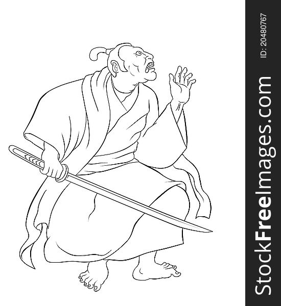 Illustration of a Samurai warrior with katana sword in fighting stance done in cartoon style done in black and white. Illustration of a Samurai warrior with katana sword in fighting stance done in cartoon style done in black and white