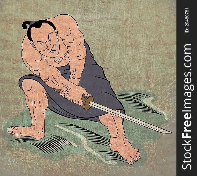 Illustration of a Samurai warrior with katana sword in fighting stance done in cartoon style Japanese wood block print