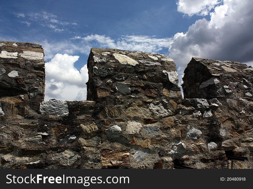 Historical castle wall, blue sky on the background