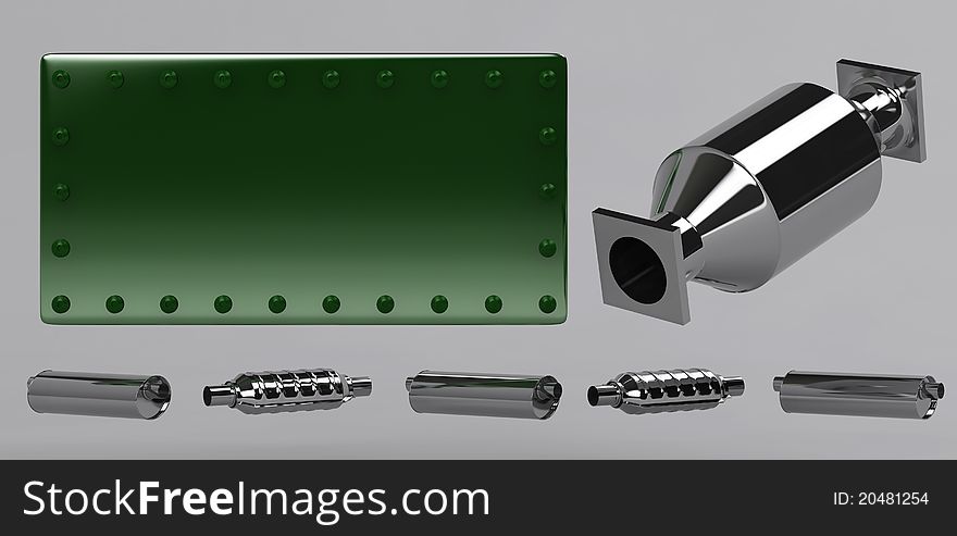 3D of mufflers collection and green stamped plate. 3D of mufflers collection and green stamped plate