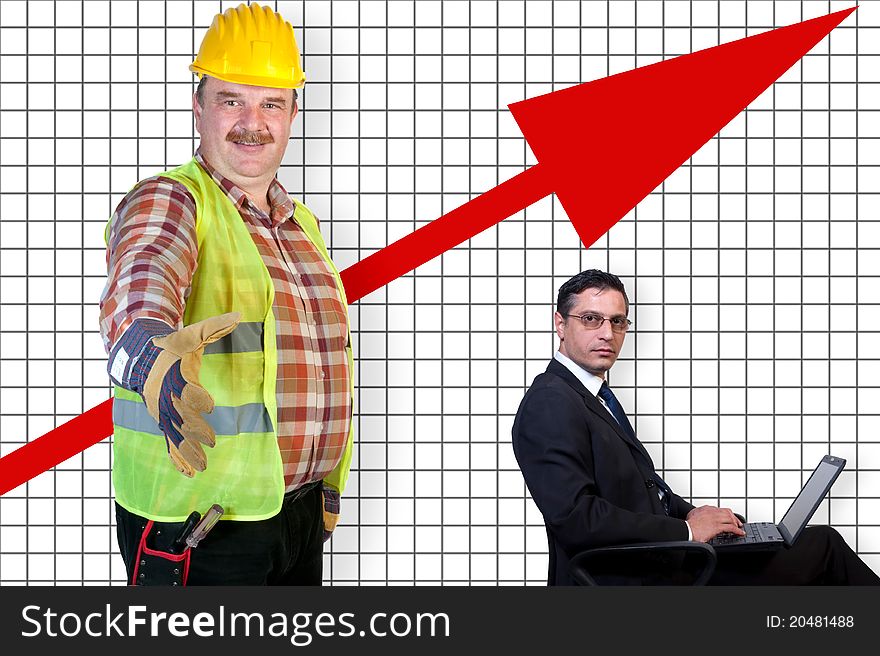 Worker and businessman sitting in front of a chart. Worker and businessman sitting in front of a chart