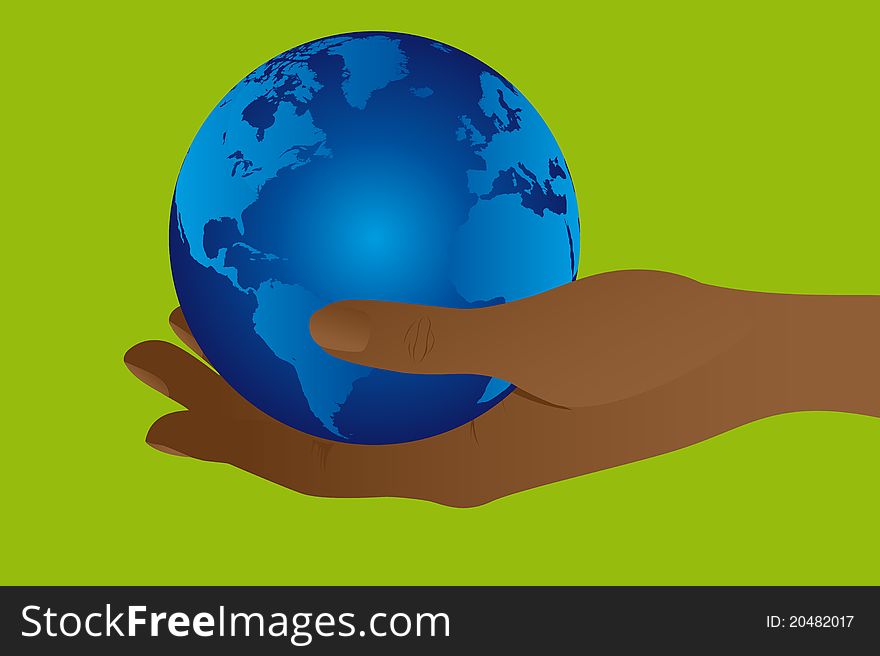 Blue planet over hand over green background. illustration. Blue planet over hand over green background. illustration