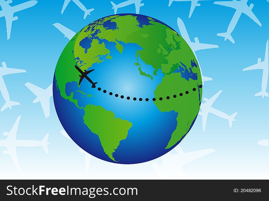 Green and blue earth with black plane over blue and white background. Green and blue earth with black plane over blue and white background