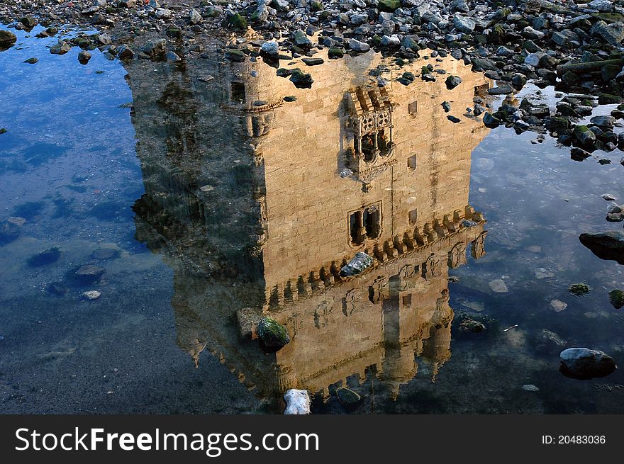 Belem Tower, in Lisbon, Portugal, reflected on Tagus river