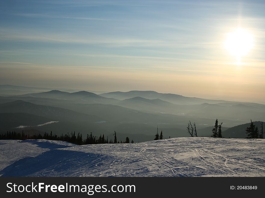 Winter sunset in the mountains