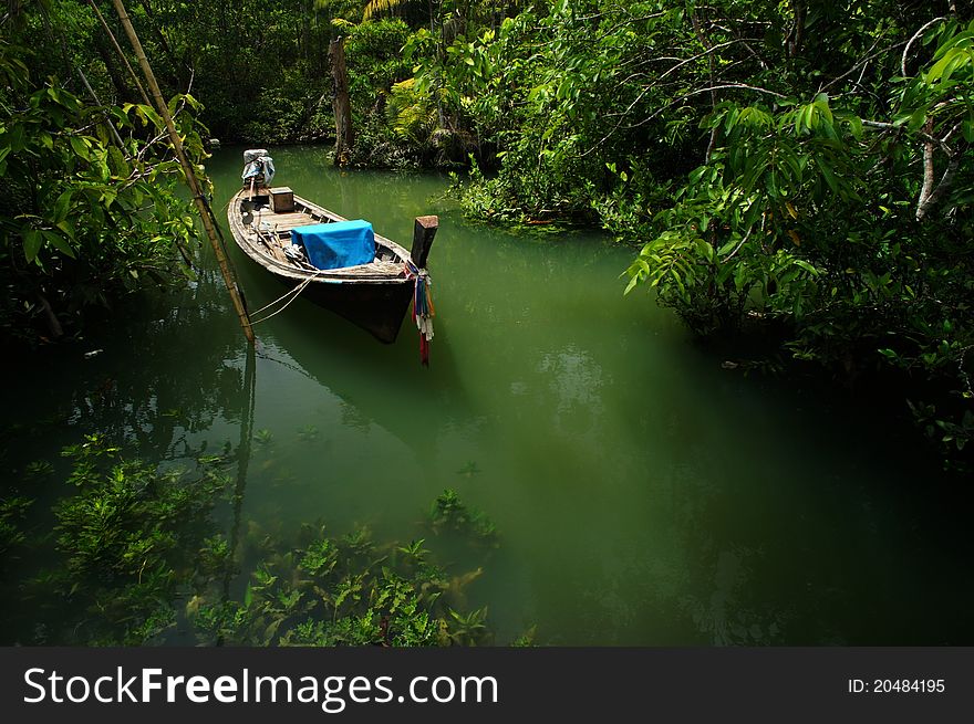 Fisherman boat parked at the canal. Krabi Thailand.