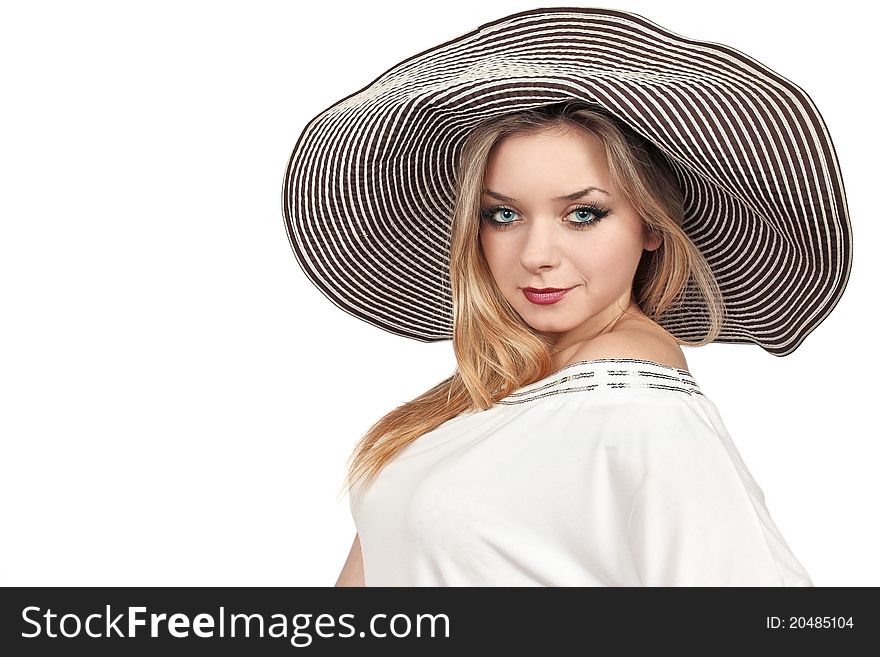 Woman in the large summer hat on white background. Woman in the large summer hat on white background