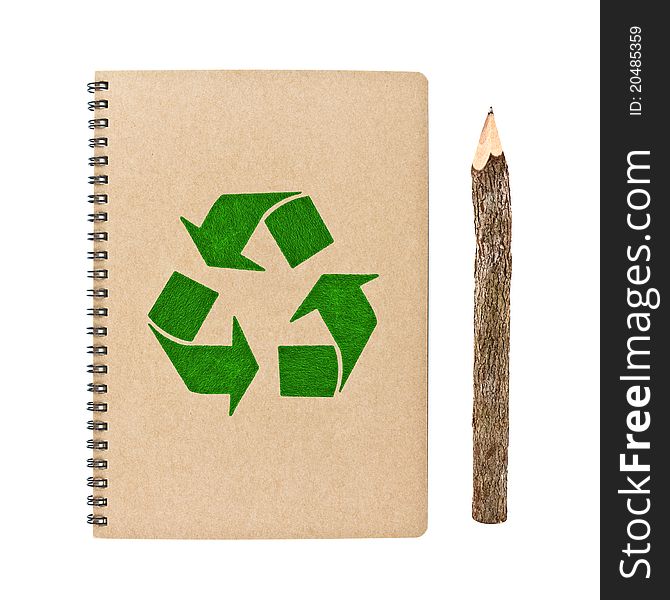 Recycle notebook and wooden pencil isolated on white background, conservation concept. Recycle notebook and wooden pencil isolated on white background, conservation concept