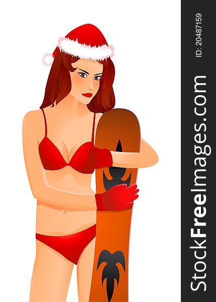 Girl in red bikini with snowboard. Girl in red bikini with snowboard
