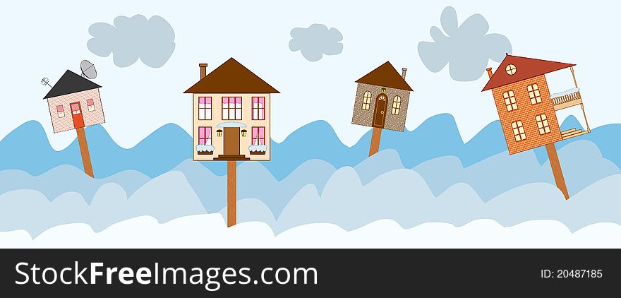 Banner with four houses as signs on winter background. Banner with four houses as signs on winter background