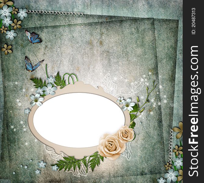 Frame for photo with roses, leaf, sparkle and butterfly. Frame for photo with roses, leaf, sparkle and butterfly