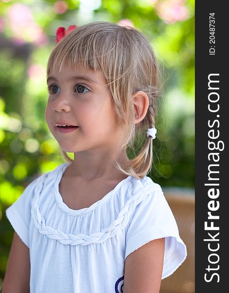 Head and shoulders outdoor summer portrait of little girl wearing her hair in braids