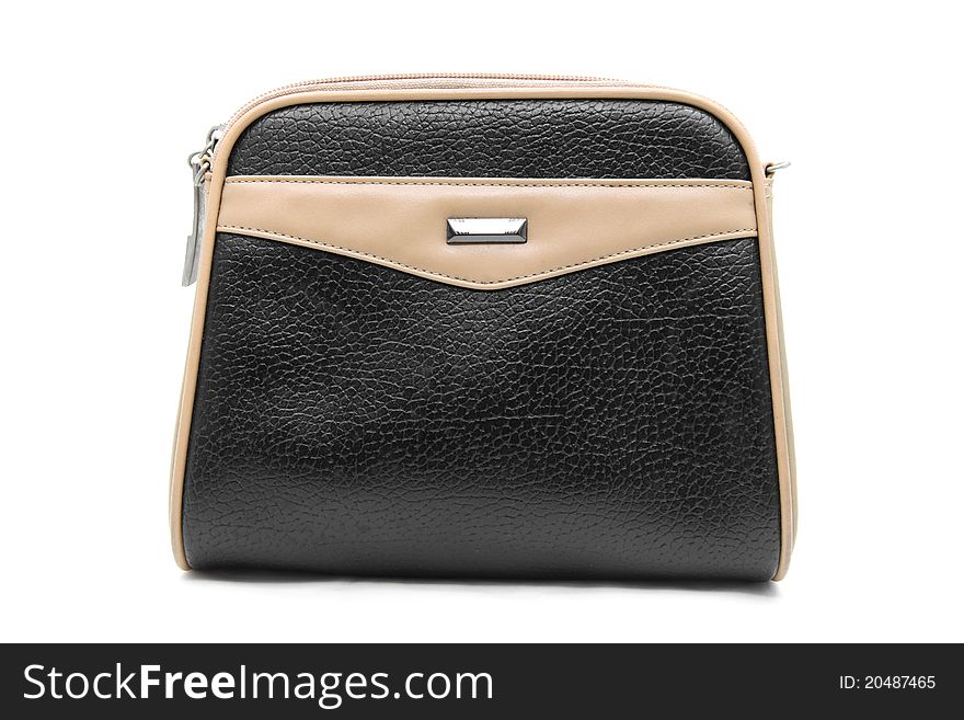 Black brown fake leather woman bag isolated on white