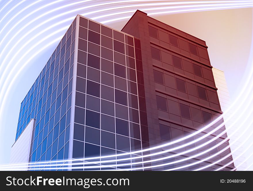 Modern office building in the blue and red with the waves. Modern office building in the blue and red with the waves