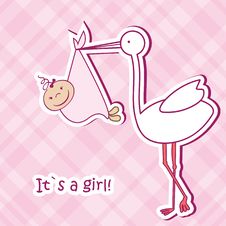 Baby Arrival Card With Stork That Brings A Cute Stock Photography