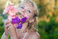 Happy Sensual Woman With  Flowers Stock Photos