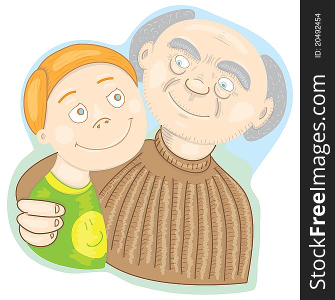 Grandfather hugging his grandson, the old man is wearing a brown sweater and the kid is wearing a green t-shirt with a smiley. Grandfather hugging his grandson, the old man is wearing a brown sweater and the kid is wearing a green t-shirt with a smiley.