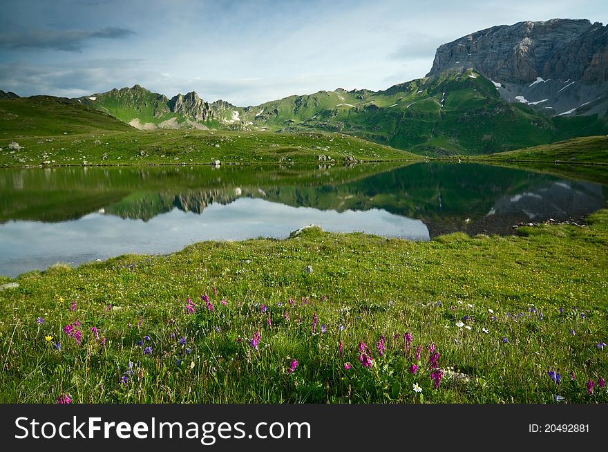 Caucasus mountains and lake with flowers. Caucasus mountains and lake with flowers