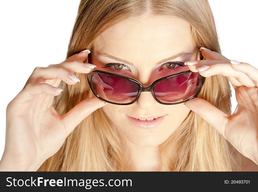 Portrait of beautiful blonde girl on a white background in glasses. Portrait of beautiful blonde girl on a white background in glasses