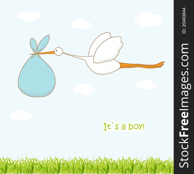 Baby arrival card with stork that brings a cute