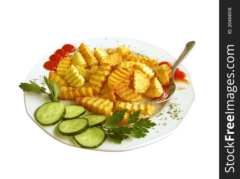 Dish with french fries on white background