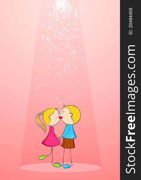 Illustration of kissing kid with star forming heart