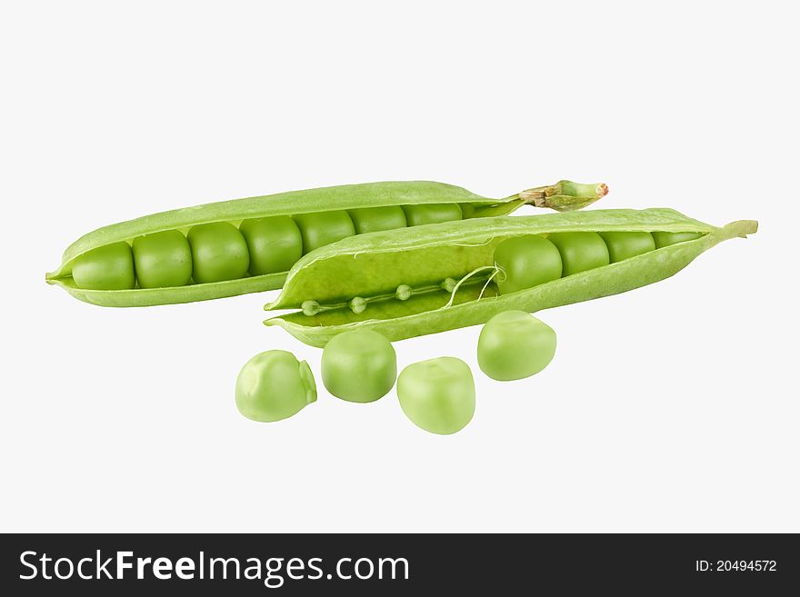 Fresh green pea pod isolated on white background