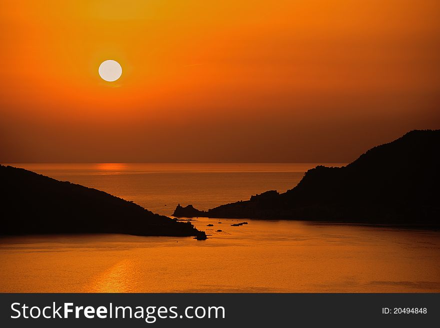 Sunset in liguria, italy near to 5 terre