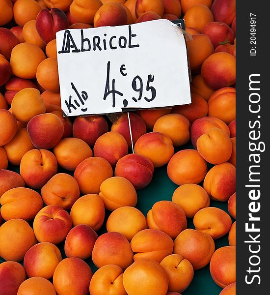 Fresh apricots at an outdoor market in France