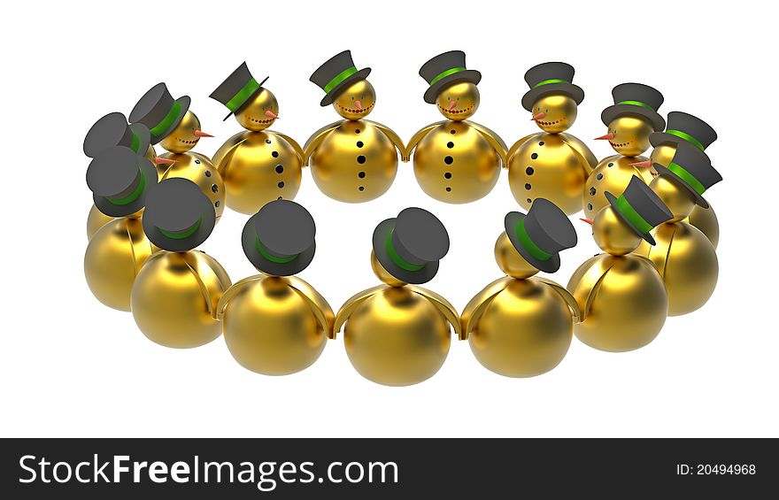 Golden snowman in a circle isolated on white 3d render. Golden snowman in a circle isolated on white 3d render