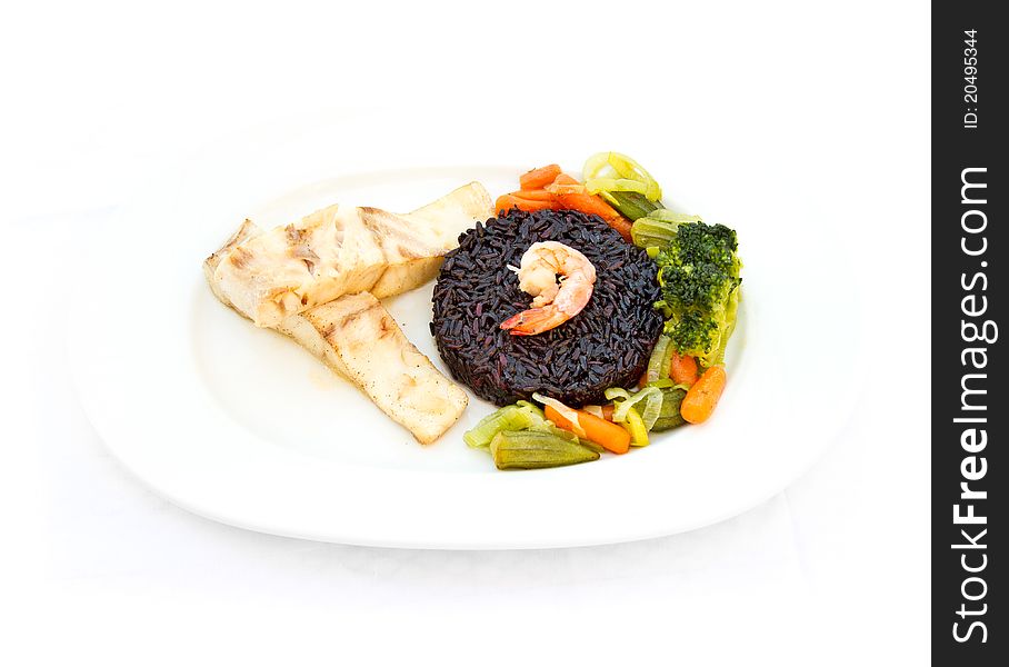 Fish with black rice, vegetables and prawn. Fish with black rice, vegetables and prawn