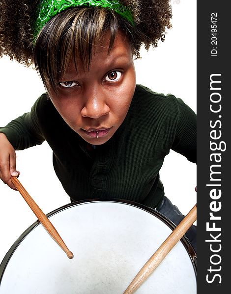 Angry African Girl Playing Drums