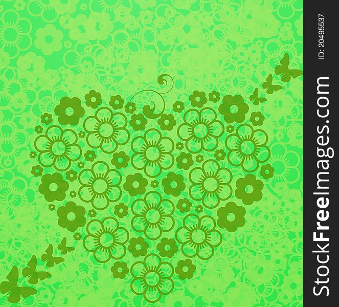 Green floral abstract background with heart made of flowers