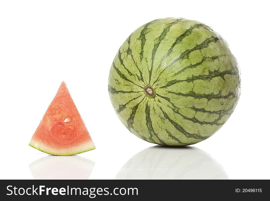 A fresh ripe watermelon  against a white background