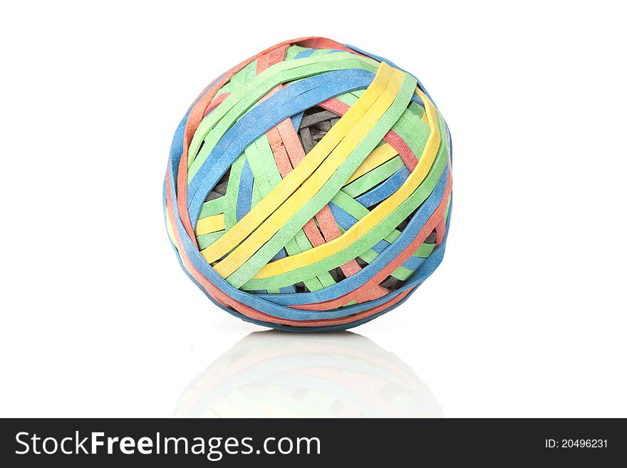 A colorful rubber band ball against a white background