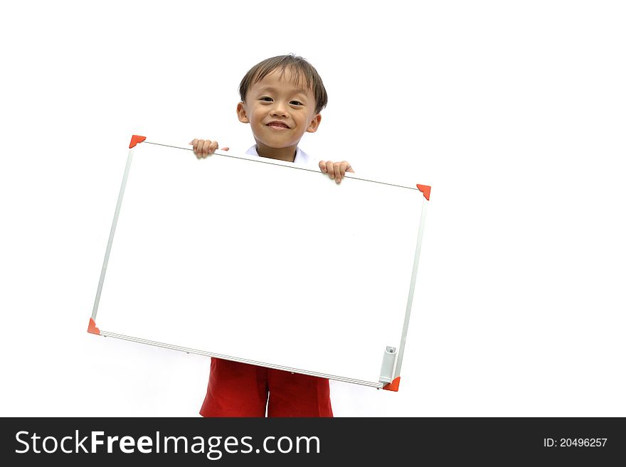 Cute asian young boy holding blank white sign on white background. Cute asian young boy holding blank white sign on white background.