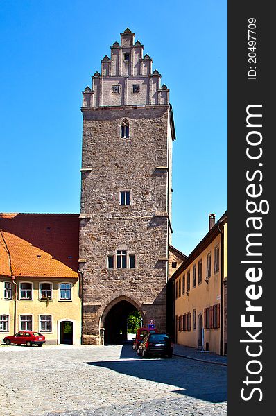 Noerdlinger gate in famous old romantic medieval town of Dinkelsbuehl in Bavaria, Germany.