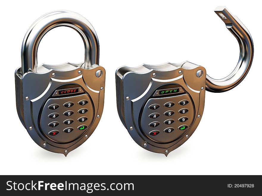 Closed and opened combination padlock on white background