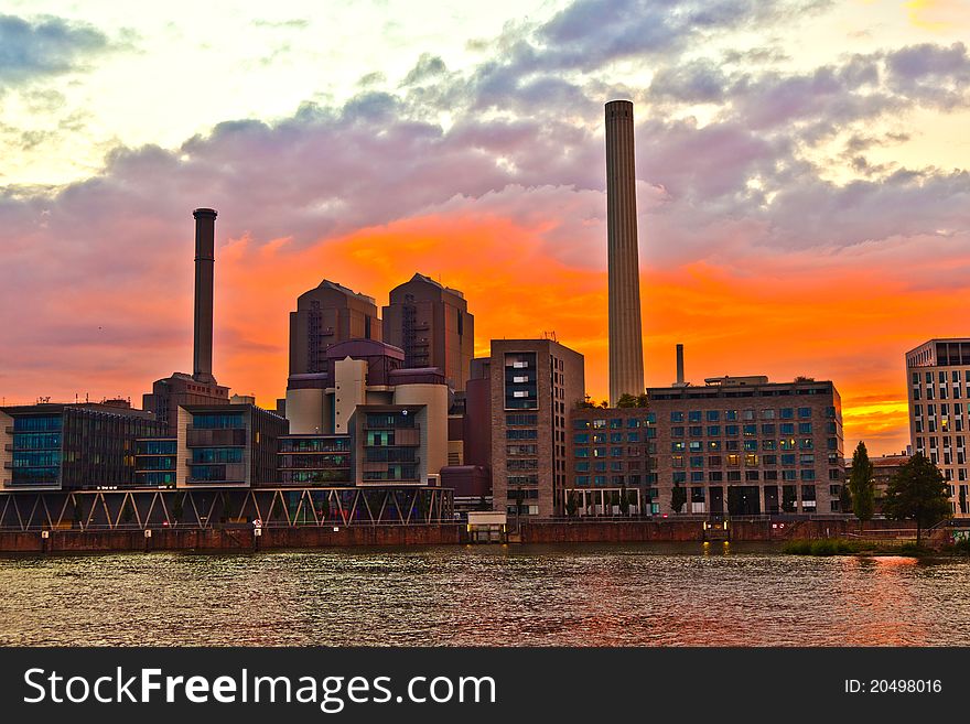 Cityview of Frankfurt with river Main and new appartments and office buildings at the riverside at sunset. Cityview of Frankfurt with river Main and new appartments and office buildings at the riverside at sunset