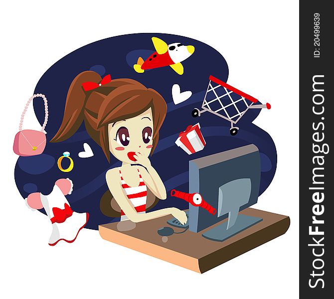 Illustration of computer girl shopping. Illustration of computer girl shopping