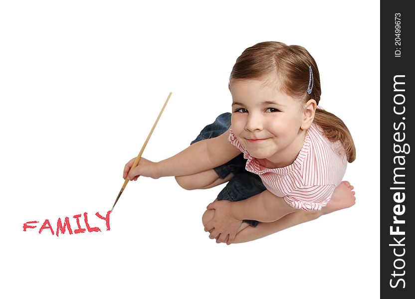 Portrait of lovely smiling drawing girl on white background. Portrait of lovely smiling drawing girl on white background