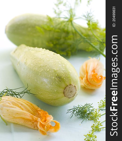 Zucchini with zucchini flower on background. Selective focus