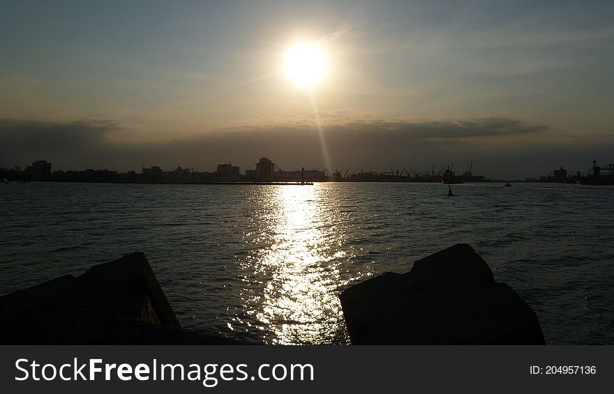 sunset in Veracruz port nears ships