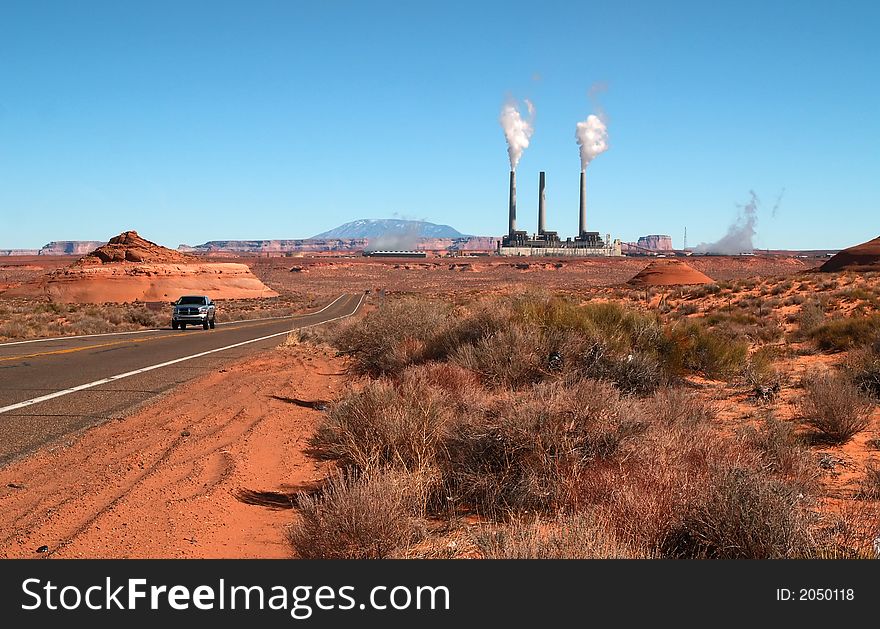 The landscape near Page, Arizona with a power plant