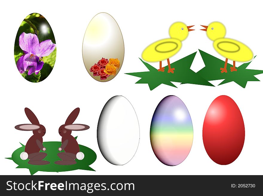 Easter design elements with rabbits, eggs and chicks