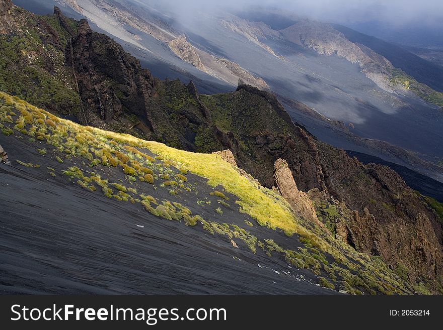 Etna landscape, volcanic rocks and grass. Etna landscape, volcanic rocks and grass