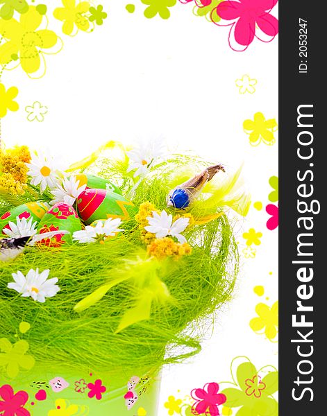 Picture of Decorative eggs in the nest and framed rendered flowers with copyspace