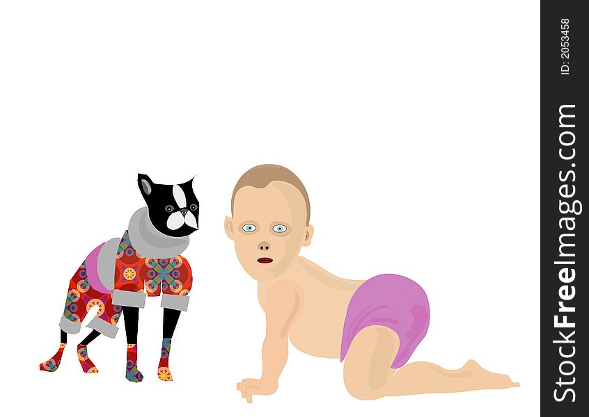 This is an illustration with baby and dog