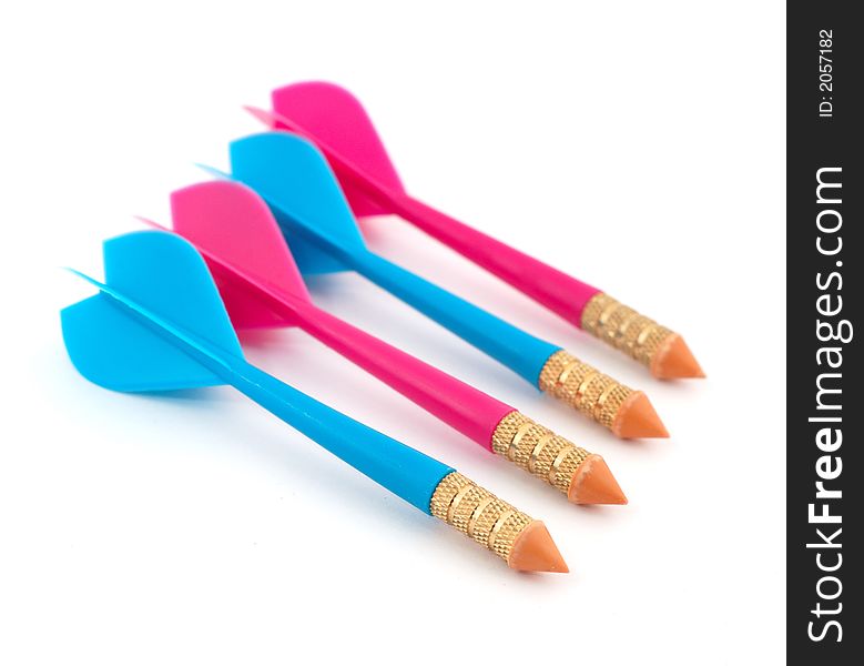 Isolated photo of row of red and blue toy darts.